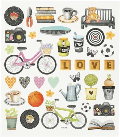 Stickers Vrije Tijd - Stickervel Met Fiets, Bloemetjes & Koffie - Zelfklevende Stickers Voor Scrapbooking, Bullet Journal & Kaarten - 15x16,5 cm - 1 Vel