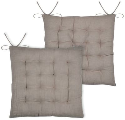 Stof Textile stoelkussen Coline - 2x - beige - 38 x 38 x 4 cm - touwtjes sluiting - zitkussens - binnen/buiten