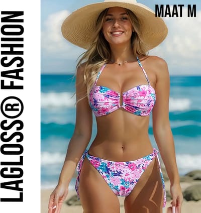 LaGloss® 2-Delige Bikini Set Roze Bloemenprint Maat M - Stijlvolle & Comfortabele Badmode