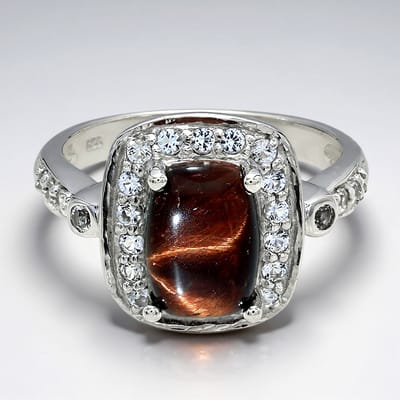 Cavill - Zilveren ring met 1,73 ct rode tijgeroog en 0,46 ct witte topaas - 925 Sterling zilver - Antiek cabochon, elegant design, maat 17
