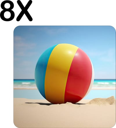 Luxe Placemat - Strandbal op het Strand bij een Zonnige Dag - Set van 8 Placemats - 50x50 cm - 2 mm dik Vinyl - Anti Slip - Afneembaar