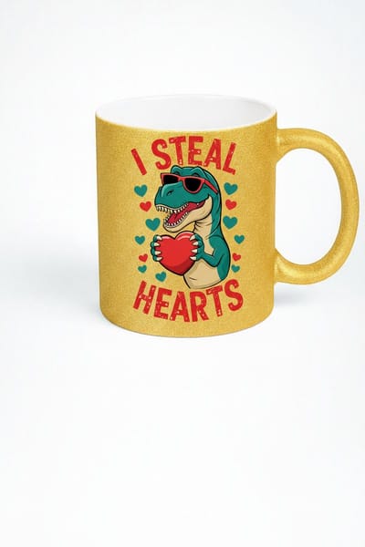 Gouden Glitter Mok T-Rex 'I Steal Hearts' - Stoere Dinosaurus Valentijnscadeau Mok