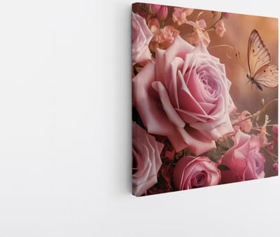 Saammp Canvas Schilderij - Romantische Bloemen - Rozen en Vlinder - 20x20 - Foto op canvas - Wanddecoratie - Muurdecoratie Woonkamer - Kantoor Decoratie