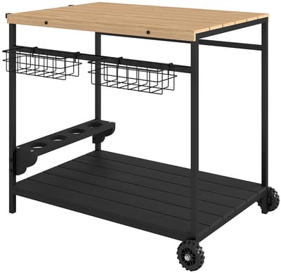 Pugsdrly Serveertrolly, keukentrolly, 2 niveaus, 4 flessenhouders, binnen/buiten, naturel/zwart