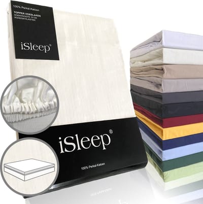 iSleep Perkal Topper Hoeslaken - 100% Perkal Katoen - Rondom Elastiek - Tweepersoons - 140x200 cm - Licht Beige