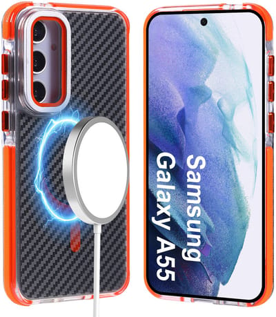 Magsafe Hoesje Geschikt voor Samsung A55 hoesje Oranje Heavy Duty Carbon Case met Versterkte Zijkanten, MagSafe en Camera Kickstand