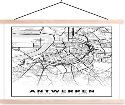 Posterhanger incl. Poster 90x60 cm - Schoolplaat - België – Antwerpen – Stadskaart – Kaart – Zwart Wit – Plattegrond - Textielposter - Blanke latten - Stadskaart