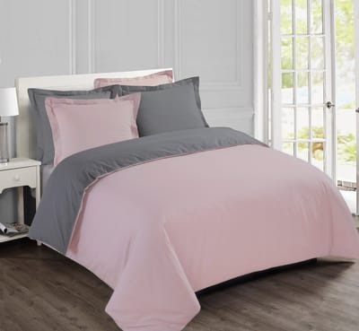 VISION Bicolor - Tweezijdig omkeerbaar Dekbedovertrekset - 100% katoen: zacht en soepel - Kingsize - Dekbedovertrek 260 x 240 cm met 2 bijhorende slopen - Grijs / Roze - Oekotex gecertificeerd
