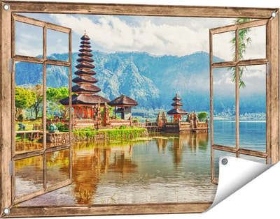 Gards Tuinposter Doorkijk Pura Tempel in Bali op het meer Beratan - 90x60 cm - Tuindoek - Tuindecoratie - Wanddecoratie buiten - Tuinschilderij