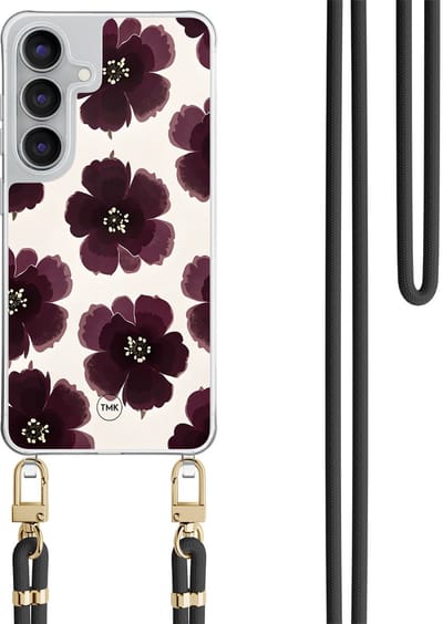 Telefoonhoesje met koord geschikt voor Samsung S25 FE - Burgundy flowers - Inclusief Zwart koord - Transparant, Paars - Bloemen - Crossbody beschermhoes - Met Telefoonketting