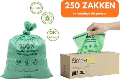 Biozakken 2-3 liter - 250 stuks biologisch afbreekbare afvalzakken - 28 x 29 cm - GFT zakken - 100% composteerbare afvalzakjes - Zakken GFT afval - bio zakjes 3 liter - biozakjes 2 liter