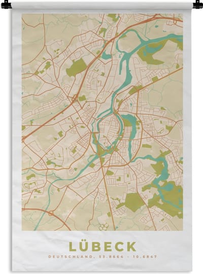 Wandkleed - Wanddoek - Lübeck - Plattegrond - Kaart - Vintage - Stadskaart - 120x180 cm - Wandtapijt