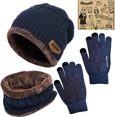 Geweo Hoed Colsjaal Handschoenen Set - Mutsen - Sjaal - Handschoenen - Gebreide Baggy Warme Skimutsen - Wintermuts Gevoerd Wol - Unisex - Kerst Geschenk -Blauw - Kerstmis - Kerstfeest - Christmas Gift