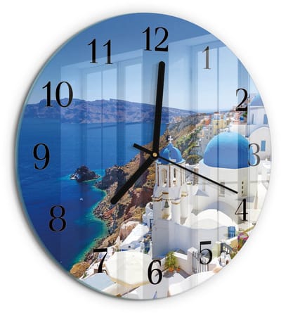 Tulup Wandklok - Santorini Wandklok Glas Met Motief - 30fi cm - Blauw Decoratieve Glazen Klok - Zwarte Handen - Ronde Wandklok - Wandklok Glas Decoratie - Gekleurde Glazen Klok