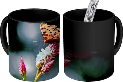 Magische Mok - Foto op Warmte Mokken - Koffiemok - Vlinder - Bloemen - Insecten - Magic Mok - Beker - 350 ML - Theemok