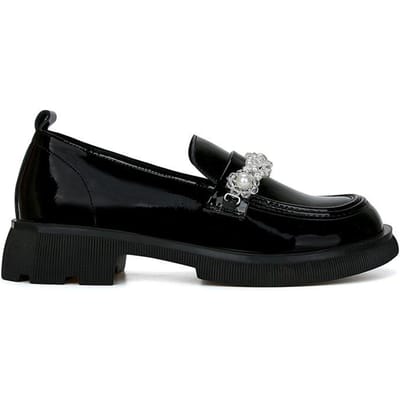 Leren Platform Eén Pedaal Loafers Koreaanse Versie van Glanzend Leer Ronde Neus Handgemaakte Kristallen Bloem Dikke Hak Kleine Leren Schoenen 40