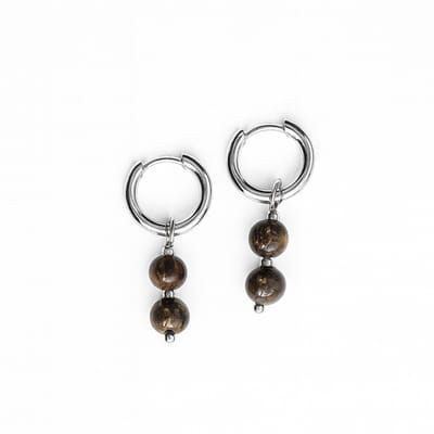 Stainless Steel oorringen met tijgeroog kralen - Waterproof - 10mm oorring - Oorbellen met bruine edelsteen - The Jewellery Salon - Zilverkleurig