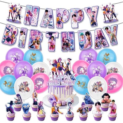 Décoration de Fête d'Anniversaire Kpop Vaisselle Ensemble Fournitures de Fête d'Anniversaire Ballons Topper de Gâteau Drapeau Suspendu Gobelets Décoration de Fête K-pop