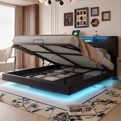 Opbergbed 140x200 cm met ledverlichting - Tweepersoonsbed met USB-oplaadpoorten en modern PU-hoofdbord - Bed met grote hydraulische opbergruimte - Zwart