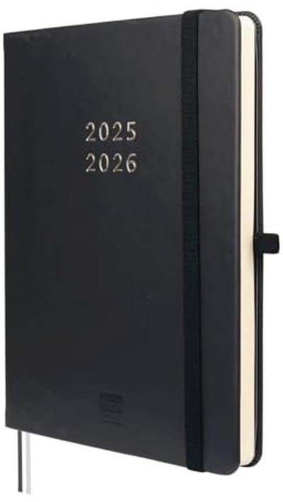 Agenda 18 maanden 2025-2026 met horizontale weekweergave en twee boekenleggers