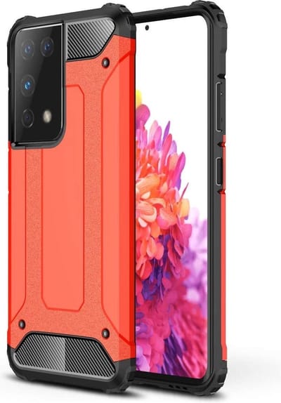 Schokbestendig Heavy Duty Hoesje Geschikt voor: Samsung Galaxy S21 Ultra Shock Proof Hybride - Back Cover - Dual Layer Armor Case - Extra Stevig - Rood