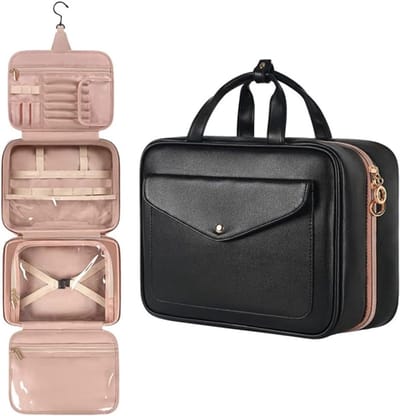 KZQ Draagbare Waterdichte Make-uptas Voor Dames Met 4 Opbergvakken En Hanger Cosmetic Travel Organizer Op Reis Zwart Pu Leren Cosmetiekoffer