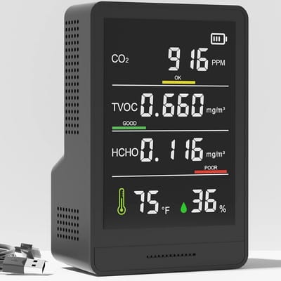 Luchtkwaliteitsmonitor voor CO2, TVOC, HCHO, Vochtigheid en Temperatuur - Geschikt voor Thuis, Kantoor, School, Hotel en Auto
