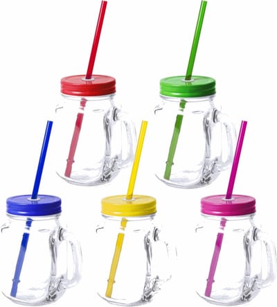 10x stuks Glazen Mason Jar drinkbekers met dop en rietje 500 ml - 5x kleuren, 2x stuks per kleur