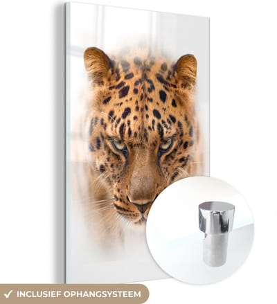 MuchoWow® Glasschilderij 40x60 cm - Schilderij acrylglas - Luipaard - Kop - Wit - Foto op glas - Schilderijen