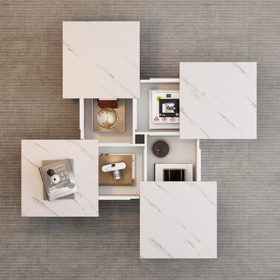 STILVORA Salontafels - Lage Vierkante Salontafel Met 4 Laden - Marmerlook Tafelblad - 90x90x25 cm - Hout - Wit