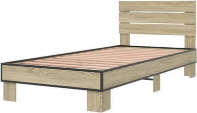 vidaXL Bedframe bewerkt hout en metaal sonoma eikenkleurig 90x200 cm, bed, bed ombouw, eenpersoonsbed, bedbodem, slaapkamermeubel, 1 persoonsbed