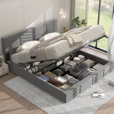 Gestoffeerd tweepersoonsbed met hydraulische opbergbox - Voor slaapkamer en logeerkamer - 160x200 cm - Grijs - Verstelbaar hoofdeinde - Strepen- en knopenstijl - Inclusief lattenbodem