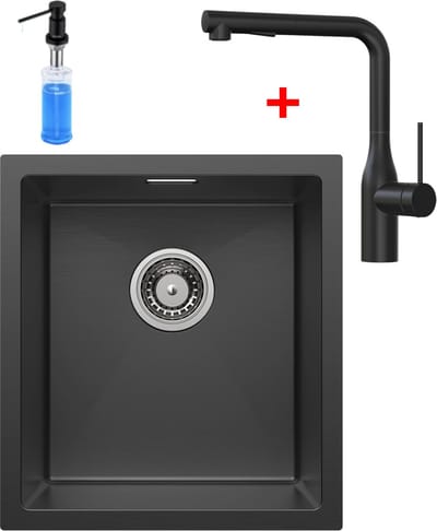 CECIPA max Spoelbak Antraciet 40x44CM - Spoelbak Keuken Met Keukenkraan en Zeepdispenser 300ML - Spoelbakken Keuken - Wasbak Keuken - Met Kraangat RVS
