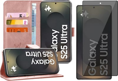 Hoesje geschikt voor Samsung Galaxy S25 Ultra - Privacy Screenprotector Volledig Dekkend Glas - Portemonnee Book Case Rosegoud