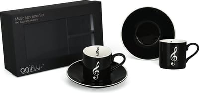 Set van 2 Espresso kopjes met Schotels – Zwart met witte vioolsleutels