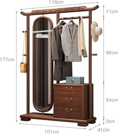 Garderobestandaard met Spiegel en Lade – 360° Draaibare Passpiegel & Kledingrek van Massief Hout in Chinese Stijl – Multifunctionele Staande Kapstok voor Slaapkamer & Woonkamer – 10 x 10 x 10 mm