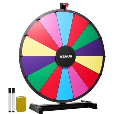 VEVOR Wheel of Fortune (61 cm) 14 Slots Wheel of Fortune met standaard, loterijspellen Winnende Roulette met schoolbordwisser en 2 stiften, 6 kleuren, draaiend prijzenwiel Ideaal voor feestjes, pubs, beurzen