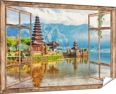 Gards Tuinposter Doorkijk Pura Tempel in Bali op het meer Beratan - 180x120 cm - Tuindoek - Tuindecoratie - Wanddecoratie buiten - Tuinschilderij