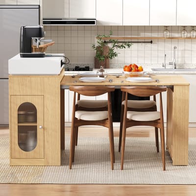 Keukeneiland met wielen - uitschuifbare eettafel met opklapbaar tafelblad - bar met stekkerdoos en haken - buffetkast - houtkleur