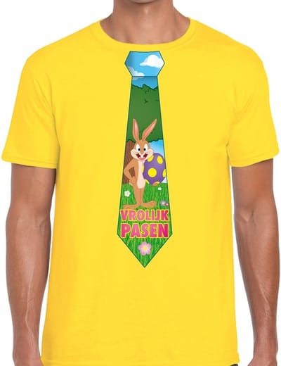 Geel Paas t-shirt met paashaas stropdas - Pasen shirt voor heren - Pasen kleding S