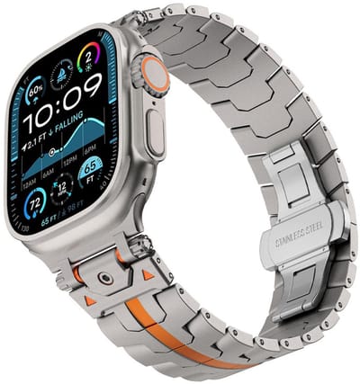 RVS schakel bandje - geschikt voor Apple Watch 1/2/3/4/5/6/7/8/9/10/11/ SE (1,2,3) met maat 38 mm / 40 mm / 41 mm en 42 mm (Watch 10/11) - vlindersluiting - titanium oranje