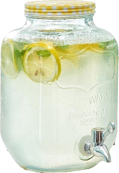 Excellent Houseware Drankdispenser/limonadetap - met tapje - glas - 4 liter - geel/wit geblokte dop - 15 x 26 cm
