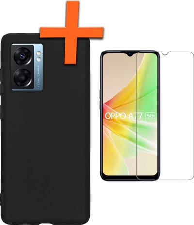 Hoes - Met Screenprotector - Geschikt voor OPPO A77 - Sterk & Shockproof - Back Cover - Siliconen Case - Telefoon Hoes - Zwart