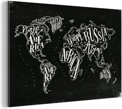 Aluminium schilderij 180x120 cm - Wanddecoratie metaal - Wereldkaart - Simpel - Zwart - Wit - Metalen muurdecoratie woonkamer - Decoratie industrieel - Foto op dibond - Industriële accessoires slaapkamer