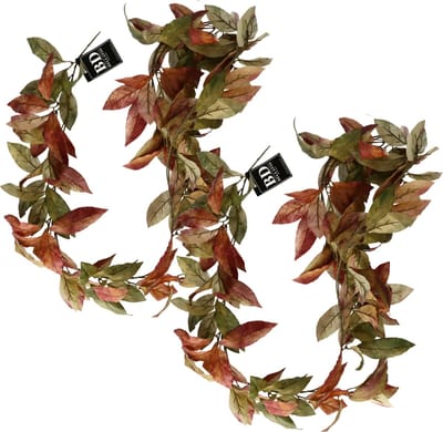 Bellatio Design kunstplant/hangplant slinger - 2x - Lychee blad - herfst kleuren - 180 cm lang - planten guirlandes