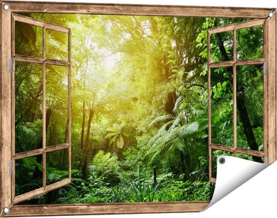 Gards Tuinposter Doorkijk Tropische Jungle met Zonneschijn - 90x60 cm - Tuindoek - Tuindecoratie - Wanddecoratie buiten - Tuinschilderij