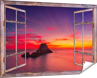 Gards Tuinposter Doorkijk Ibiza Rotsen Eiland bij Zonsondergang - 150x100 cm - Tuindoek - Tuindecoratie - Wanddecoratie buiten - Tuinschilderij