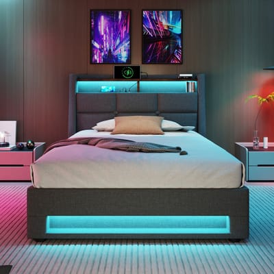 Gestoft LED Eenpersoonsbed 90x200 cm, Met USB-aansluiting en Afstandsbediening, Linnen Stof en Metaal Frame, Moderne Vintage Look