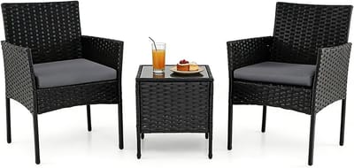 KOMFOTTEU 3-delige Tuinmeubelset, balkonmeubelset, PP-rotan met afneembare kussens, loungeset met 2 stoelen en tafel, zitgroep voor tuin, terras, balkon, binnenplaats