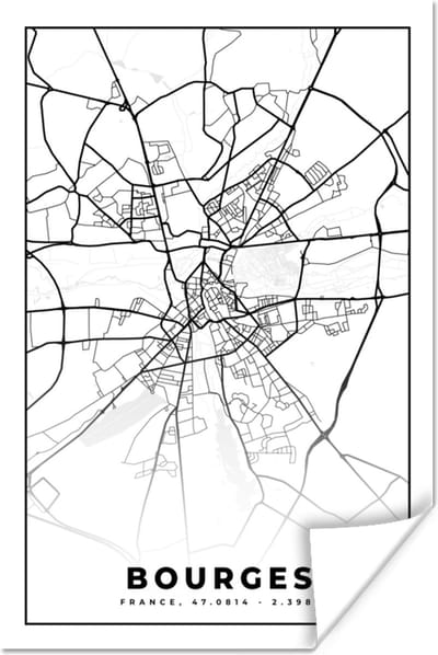 Poster Stadskaart - Plattegrond - Bourges - Kaart - Frankrijk - Zwart wit - 120x180 cm XXL